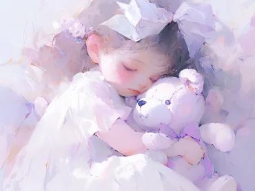 A cute 5-year-old girl is holding a teddy bear in her hand, with white ponytail hair and a white dress tied with a bow on her head, cute face, upper body, sitting, frontal, watercolor texture, oil painting texture, oil painting, Pastel::2, Dream colors hands, 6 hands, Lavender tones::2 --no Deformed --ar 4:3 --niji 5