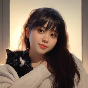 A painting in the style of Makoto Shinkai, depicting a scene of an anime girl holding a cat. The artwork is predominantly in shades of light black and black, incorporating elements of maroon art. The girl has shiny eyes and a soft and romantic background. The art style is similar to Suleiman Mansour's cartoon scenes, with an atmosphere reminiscent of 1970s animation. The girl has long black hair and wears cat ears. She gazes directly at the viewer, and the details of the image are clear, with a resolution of 4K. --ar 1:1 --v 5.2 --style raw