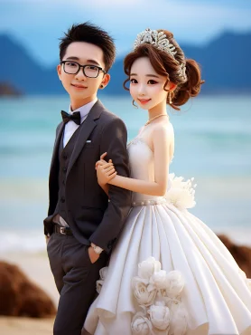 A happy couple strolling on the beach in summer, boy in black suit with checkered black rimmed glasses, girl in white bustier wedding dress with crown on her head,... chibi, 3D, natural lighting, full body portrait, 8k best quality, super detail, Ultra HD --ar 3:4 --style raw --v 5.2 --s 750