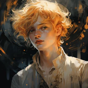 A young male character with amber eyes and golden hair, with a detailed and atmospheric portrait, an atmosphere that blends with gold, ultra detailed illustrations, wandering eyes, Fuji movie Eterna Vivid 500T, gold and polished copper, intense close-up --ar 1:1 --style raw --v 5.2