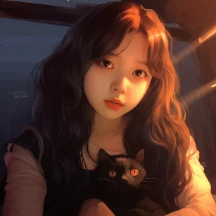 A painting in the style of Makoto Shinkai, depicting a scene of an anime girl holding a cat. The artwork is predominantly in shades of light black and black, incorporating elements of maroon art. The girl has shiny eyes and a soft and romantic background. The art style is similar to that of Slimane Mansour's cartoon scenes, with an atmosphere reminiscent of 1970s animation. The girl has long black hair and wears cat ears. She gazes directly at the viewer, and the details of the image are clear, with a resolution of 4K. --ar 1:1 --v 5.2 --style raw