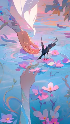 poster for a painting a woman holding her hand in a body of water, in the style of surreal organic forms, low saturation, light navy and light magenta, birds & flowers, soft and dreamy depictions --s 180 --ar 9:16 --style expressive --niji 5