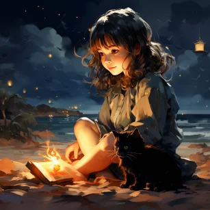 Cute girl, slightly chubby, enjoying the night sky barefoot on the beach in an animated style. Playful and happy, she is a little witch accompanied by a black cat. The artwork features dreamy colors, ultra-high definition, and a combination of gold and black tones. The style is reminiscent of artists like William Russell Flint and Vicente Romero Redondo. The girl's hair is adorned with a flower, and she has sidelocks. She wears a glamorous outfit and has black hair. The overall atmosphere is joyful and the background depicts a galaxy and a beach. --ar 1:1 --style raw --v 5.2 --s 750