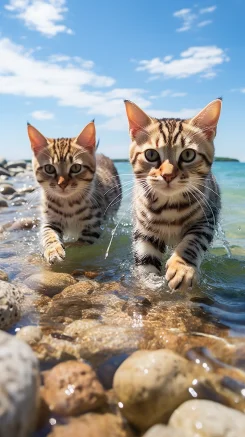 On a bright summer afternoon, when the breeze brushed the waves of the sea, the Bengal leopard cat and the Maine cat decided to go play by the sea together --ar 9:16 --style raw --v 5.2 --s 250