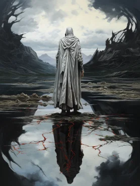 a figure in profile dressed in white flowing robes walks atop the still black waters of time, exaggerated perspectives, mirror like reflections, split image, in the style of anton fadeev morbid, grim dark, dark, very detailed, rendered in octane, dense atmospheric, epic, dramatic, photorealistic, hyper ornate details, 4k, benedick bana, zhang jingna --ar 9:12 --style raw --v 5.2 --s 250