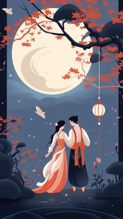 An ancient Chinese Lover Tanabata The Cowherd and the Weaving Maid Magpie on the moon Simple vector art Soft palette Abstract painting Zen Buddhism Overlay art with the abstraction of light Contemporary Chinese scholar Color gradient Hierarchical form Whimsical animation Style ethereal abstraction --ar 9:16 --style raw --v 5.2