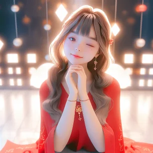 Chinese style, cute girl praying, wearing red clothes to pose sacred on the ground, light white and light silver styles, childlike, classical, carefully designed, 3D, c4d, Hyperdetail, animated lighting, bokeh, perfectdetails, FHD --ar 1:1 --niji 5