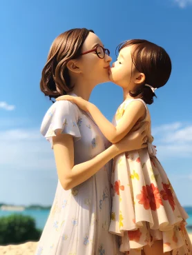 In summer, by the seaside, my mother brings her daughter's IP to enjoy the gentle breeze and bright sunshine, chibi, 3D, natural lighting, full body portrait, 8k best quality, super detail, Ultra HD --ar 3:4 --style raw --v 5.2