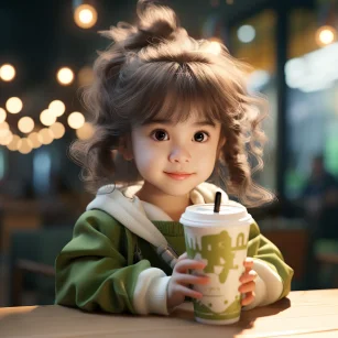 A lovely little girl is sitting in a milk tea shop holding a cup of milk tea, wearing light green clothes and an explosive hairstyle. The style is unreal engine 5, simple and elegant, 32K ultrahighdefinition, beautifully designed, beautiful and natural --ar 1:1 --style raw --v 5.2