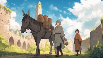 A donkey walks forward, cartoon, 2D, comic, UHD, Best quality, 16K, high resolution, Tales from Earthsea, Moe anime style. --ar 16:9 --style cute --niji 5