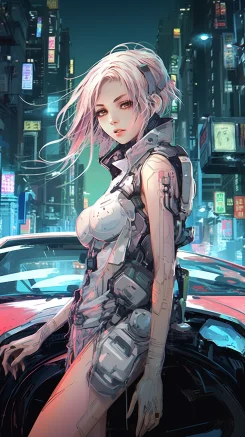 Cyberpunk style, background of tall buildings and neon lights, long-haired girl, racing car, futuristic street, 2D, girl leaning on the side door of the car, full-body character, anime. Akihiko Yoshida, mcbess. --ar 9:16 --style raw --v 5.2