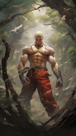 Short hair, headband, muscular and mature male, upper body muscles prominent, wearing boxing shorts on the lower body, punching and hitting a tree trunk, full body display of the character, background of dense forest, impactful punches, tree trunk shattering, side view, One-Punch Man, One-Punch Man. --ar 9:16 --style raw --v 5.2 --s 250