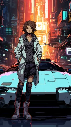 Cyberpunk style, background skyscrapers, long-haired girl, racing car, futuristic street, 2D, girl leaning on the side door of the car, full-body character, full-body racing car, anime, Akihiko Yoshida, mcbess, Walt Kelly. --ar 9:16 --style raw --v 5.2