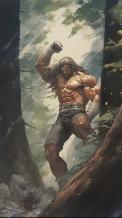 Muscular and mature man with long hair, upper body muscles prominent, wearing boxing shorts on the lower body, throwing a straight punch at a tree trunk. The character is shown in full body, with a dense forest in the background. The punch has a strong impact, causing the tree trunk to shatter. The perspective is from the side. One-Punch Man, One-Punch Man, One-Punch Man. --ar 9:16 --style raw --v 5.2