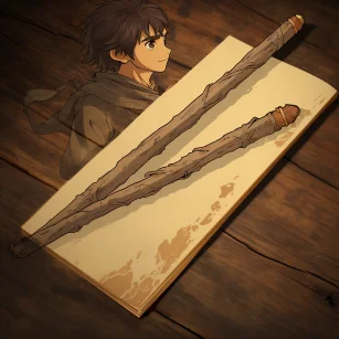 Draw a wooden stick, natural wood color, two-dimensional, cartoon, comic, Best quality, UHD, 16K, high resolution, Tales from Earthsea. --ar 1:1 --style raw --v 5.2