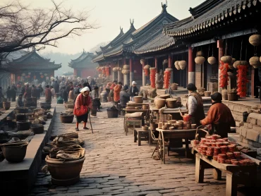 In the late Ming Dynasty, there lived a peddler named Tang Danian at the foot of Mount Tai. His parents passed away when he was young, so in order to marry a wife as soon as possible, he worked hard from dawn till dusk every day to earn money. --ar 4:3 --style raw --v 5.2