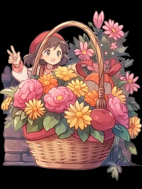 Transform into a two-dimensional flower basket, manga, cute, best quality, UHD, high resolution, 16K, Daoism, Arcadia, Pavilion, Chinese Gardens, Dhyana, Tales from Earthsea, Moe anime style, Little Witch Academia. --c 1 --ar 3:4 --style cute --niji 5 --s 750