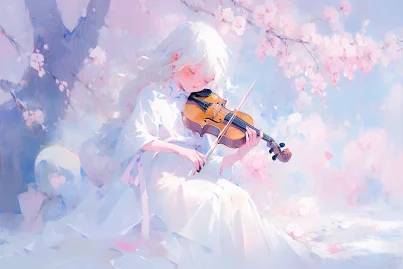 A cute 5-year-old girl plays a pink violin, with white double ponytail hair, wearing a white dress, cherry blossoms, and a headband tied to her head, cute face, upper body, sitting, frontal, watercolor texture, oil painting texture, oil painting, Pastel::2, Dream colors --no Butterfly, Deformed hands, 6 hands --ar 3:2 --niji 5