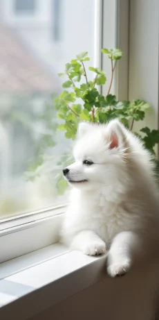 The white Pomeranian puppy obediently lies on the windowsill. --ar 1:2 --style raw --v 5.2