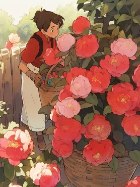 The flower basket contains orchids, peonies, and peonies, 2D, cartoon, manga, Chinese style, UHD, Best quality, 16K, high resolution, Tales from Earthsea, Moe anime style. --ar 3:4 --style cute --niji 5