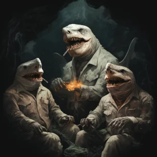 Three great white sharks sit on the reef in the dark night, smoking cigars and contemplating life. --ar 1:1 --style raw --v 5.2