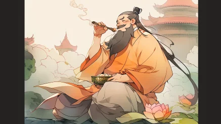 Middle-aged man, fat, wearing an orange long shirt, big belly, Best quality, UHD, high resolution, 16K, Daoism, Arcadia, Pavilion, Chinese Gardens, Dhyana, Tales from Earthsea, Moe anime style, Little Witch Academia. --c 1 --ar 16:9 --style cute --niji 5