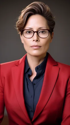 middle-aged woman in red suit, attractive, wearing glasses, looking directly at camera, realistic, wearing suit, peaceful, seed 49874651 --seed 4987465 --ar 9:16 --style raw --v 5.2