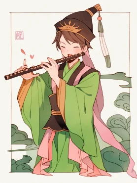 Han Xiangzi, Male, Scholarly temperament, Demeanor bias, Playing flute, Wearing green colored robe and pink lining, Wearing Hanfu, Wearing pill head, Cartoon, cute, Ancient Chinese sword, Daoism, Moe anime style, Kawaii anime style, Little Witch Academia, Tales from Earthsea, Hanfu, Hanfu, Hanfu, Best quality, UHD, high resolution, 16K, Daoism, Arcadia, Pavilion, Chinese Gardens, Dhyana, Tales from Earthsea, Moe anime style, Little Witch Academia --c 1 --ar 3:4 --style cute --niji 5