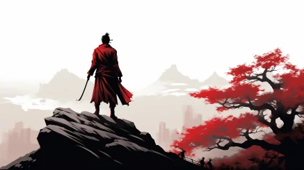 An anciently dressed swordsman stood at the top of the mountain, wearing a flowing red silk robe and carrying an ancient and sharp sword on his back. His figure was straight and upright, seemingly blending into the natural scenery around him. He stood very steadily, as if supported by an invisible force, like a towering pine tree standing in the wind, displaying inner fortitude and determination. With his back to us, his long hair fluttered with the breeze, leaving a mysterious atmosphere, as if many stories were hidden behind his silence. --ar 16:9 --style raw --v 5.2