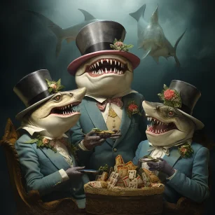 Three shark trios with cigarettes in their mouths and tall hats sitting on a reef --ar 1:1 --v 5.2