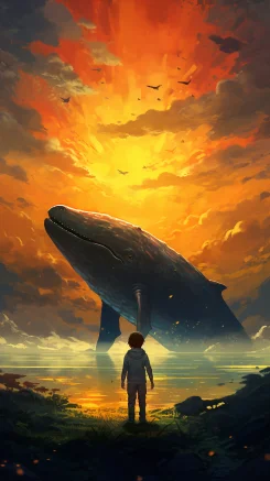 person, whale, person, wallpaper, in the style of richly detailed genre paintings, 32k uhd, rhads, children's book illustrations, eiichiro oda, gigantic scale, thechamba --c 10 --ar 9:16 --style raw --v 5.2