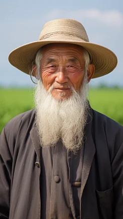 Old Chinese man with a hat, in a field, with a white beard --ar 9:16 --style raw --v 5.2