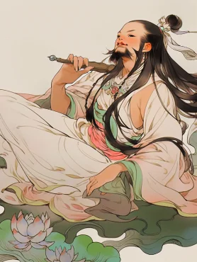 Han Zhongli, middle-aged male, ugly, hairstyle Mediterranean, two buns on the head, full beard, wearing an orange top white pants, very fat, showing a big belly, half lying on a banana fan, cartoon, Chinese cartoon, bright colors, high definition quality, Moe anime style::3, Lotus::4, Daoism, Ancient Chinese sword::2, Hanfu, Hanfu, Chinese costume, Daoism, Hanfu, Dhyana, Chinese costume, Daoism, Hanfu, Dhyana, Chinese costume, Daoism, Hanfu, Dhyana, Chinese costume --c 1 --ar 3:4 --style expressive --niji 5