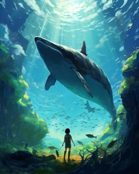 person, whale, person, wallpaper, in the style of richly detailed genre paintings, 32k uhd, rhads, children's book illustrations, eiichiro oda, gigantic scale, thechamba --ar 4:5 --style raw --v 5.2