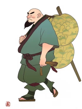 Iron Cane Li, a middle-aged man, has an ugly appearance with a bald head and a cane. He wears a dark blue top and has a chubby figure with a protruding belly. He carries a large gourd on his back. The cartoon is in a Chinese cartoon style with bright colors and high definition quality. It has a Moe anime style. The background includes lotus flowers, representing purity and enlightenment. The character is associated with Daoism and is depicted with an ancient Chinese sword. He wears Hanfu, a traditional Chinese costume, which is also associated with Daoism. The cartoon also incorporates elements of Dhyana, a form of meditation, and further showcases Chinese culture through the depiction of traditional costumes. --c 1 --ar 3:4 --style expressive --niji 5