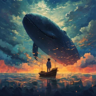 one is a boy with a boat with a whale, in the style of anime art, 32k uhd, i can't believe how beautiful this is, high detailed, tonalist genius, vibrant illustrations, large-scale brushstrokes --ar 1:1 --style raw --v 5.2