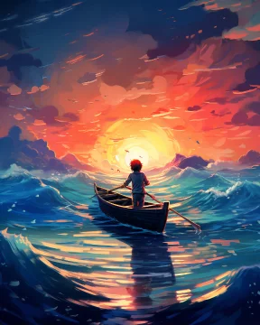 a boy in a boat on the ocean, in the style of cyril rolando, hayao miyazaki, gigantic scale, animals and people, thomas kinkade, 4k, heavy use of palette knives --ar 4:5 --style raw --v 5.2