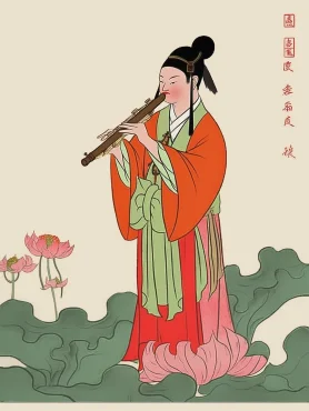 Han Xiangzi, male, with the temperament of a scholar, wearing a Song Dynasty red official robe and a bun on his head, is playing the flute. He is wearing a yellow outer coat and a green skirt. The cartoon is in bright color and high definition quality, with a Moe anime style. It features lotus flowers, Daoism, ancient Chinese swords, and Hanfu, which is a traditional Chinese costume. --c 1 --ar 3:4 --style expressive --niji 5