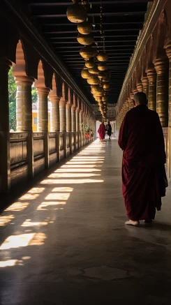 A monk is walking in the corridor of the temple, and you can clearly see a string of Buddhist beads in his hand. --ar 9:16 --style raw --v 5.2