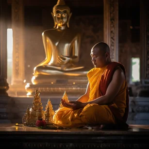 A monk is worshiping Buddha in the temple. --ar 1:1 --style raw --v 5.2