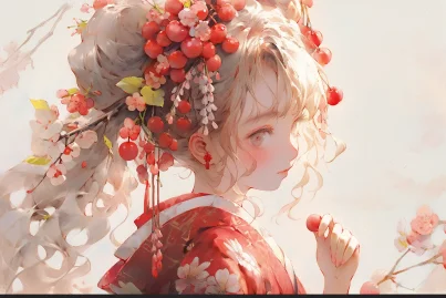 A cute 5-year-old girl is holding a red cherry in her hand, with white double ponytail hair, wearing a hanfu, cherry fruit, and a headband tied around her head, cute face, upper body, sitting, frontal, watercolor texture, oil painting texture, oil painting, Pastel::2, Dream colors --ar 3:2 --niji 5