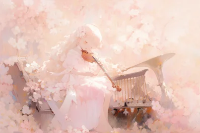 A cute 5-year-old girl plays a pink lyre, with white double ponytail hair, wearing a white dress, cherry blossoms, and a headband tied to her head, cute face, upper body, sitting, frontal, watercolor texture, oil painting texture, oil painting, Pastel::2, Dream colors --no Deformed hands, 6 hands --ar 3:2 --niji 5