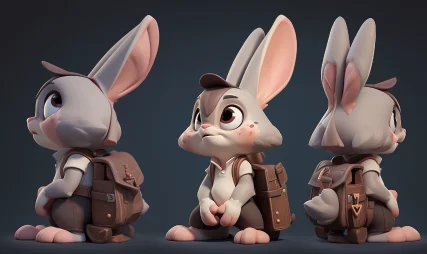 IP character design, anthropomorphic rabbit figure, male rabbit, Disney style, 3D, OC render --s 646 --ar 5:3 --style expressive --niji 5