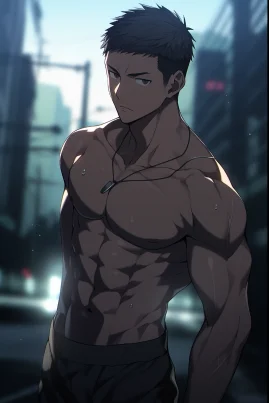 Frontal view, medium full shot, a 25 years old young handsome male, crew cut, perfect face, trim physique, athletic build, plump pectoral muscle and abdominal muscle, topless, no shirts, without shirts, none shirts, putting both hands by sides, city background, Makoto Shinkai, in the style of 2D Japanese Anime, beautiful cinematic lighting, Official Art, Pixiv Fanbox, Digital Art, Epic Portraiture, Ultra Detailed, 32K Resolution, Vibrant Colors, Vivid Colors, Bright Colors, Masterpiece, Best Quality, Post Processing. --ar 2:3 --style original --niji 5