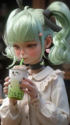 A lovely little girl is sitting in a milk tea shop holding a cup of milk tea, wearing light green clothes and having an explosive hairstyle. The style is Unreal Engine 5, simple and elegant, 32K ultra high definition, beautifully designed, beautiful and natural --ar 9:16 --style expressive --niji 5