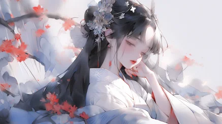 cute anime boy, white double ponytail, red ears and white tail, white doll dress, red bow tied on her head, flower, cute face, upper body, sitting, frontal, watercolor texture, oil painting texture, oil painting, Pastel::2, Dream colors, Hanfu::2 --s 101 --ar 16:9 --niji 5