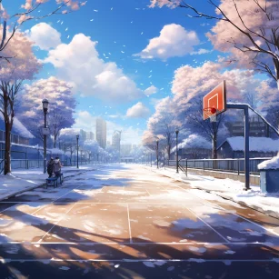 Snow Basketball court snow snowflake snow net scenery anime fantasy People --no äººç© --s 239 --ar 1:1 --v 5.2