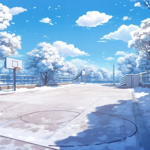 Snow Basketball court Scenery Japanese-style manga Daytime Dreamy --ar 1:1 --style raw --v 5.2