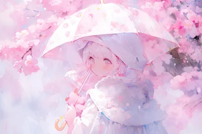 A cute 5-year-old girl is holding a pink umbrella in her hand, with white double ponytail hair, wearing a white dress, cherry blossoms, and a headband tied to her head, cute face, upper body, sitting, frontal, watercolor texture, oil painting texture, oil painting, Pastel::2, Dream colors --no Butterfly, Coarse trunk, Deformed hands, 6 hands --ar 3:2 --niji 5