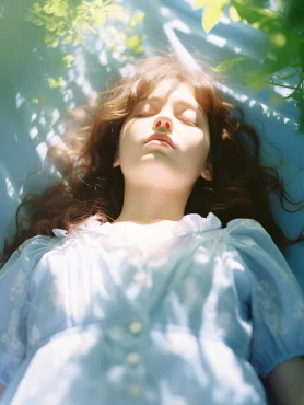 A girl lying in a garden with her hand blocking her eyes, overhead, medium shot, Japanese photo, Renko Kawauchi style, dreamy, light blue color scheme, photography --ar 3:4 --style raw --v 5.2